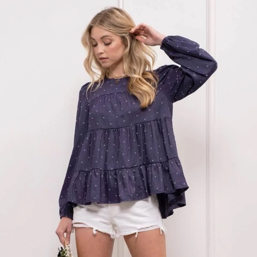 NWT - Blu Pepper - Tiered Clip Dot Top - Size L - Navy - Picture 12 of 14